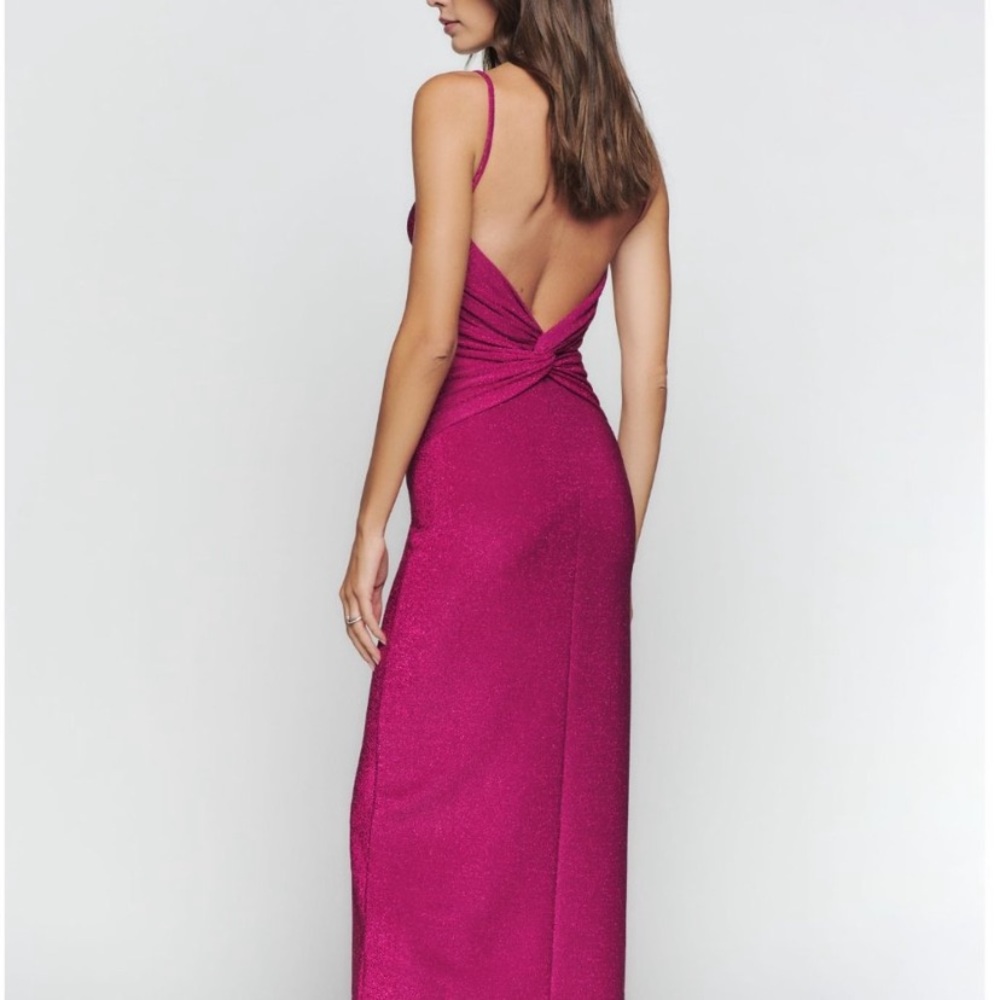 Reformation Breslin Body Con Low Back Formal Midi Dress in Hot Pink Sparkle Sz M - Picture 2 of 12